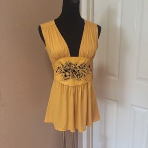 Mustard Yellow Sleeveless Lace-Panel Women's Blouse